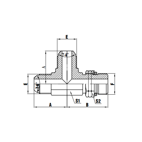 JIC Male 74° Cone/SAE O-Ring Boss Run T-paita